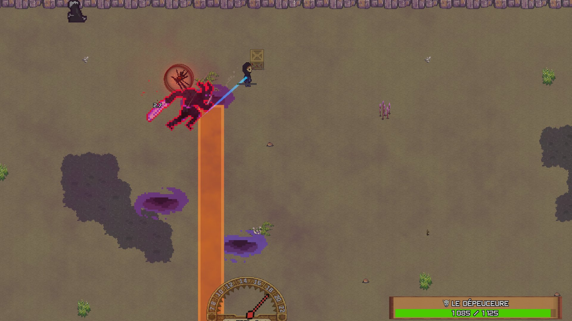 Boss fight: a horned demon charges the hero beneath a beam of fire