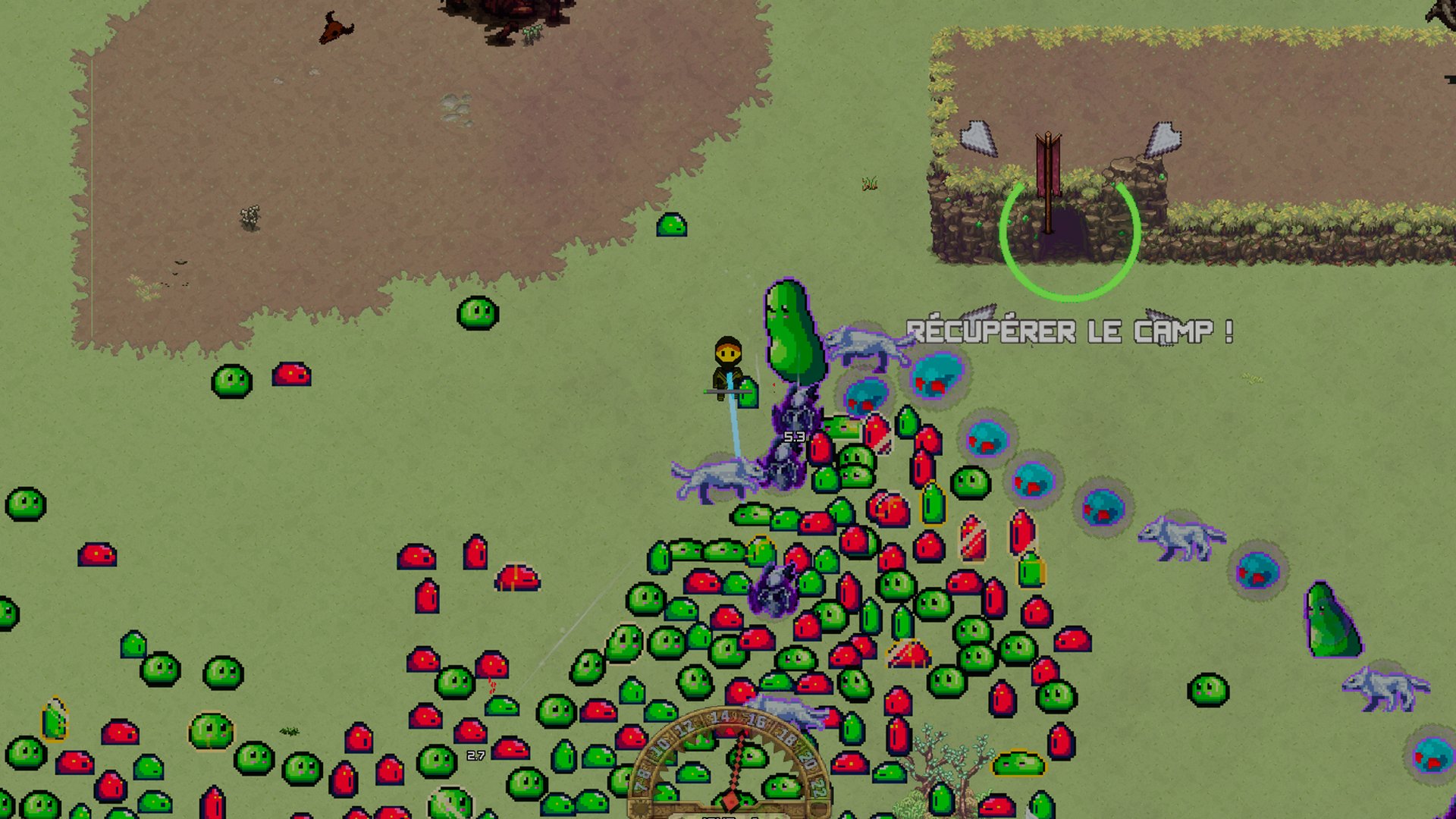 A horde of slimes and wolves attacks near the camp to reclaim