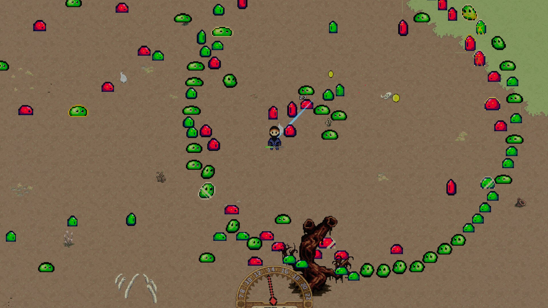 The hero surrounded by a spiral of green and red slimes