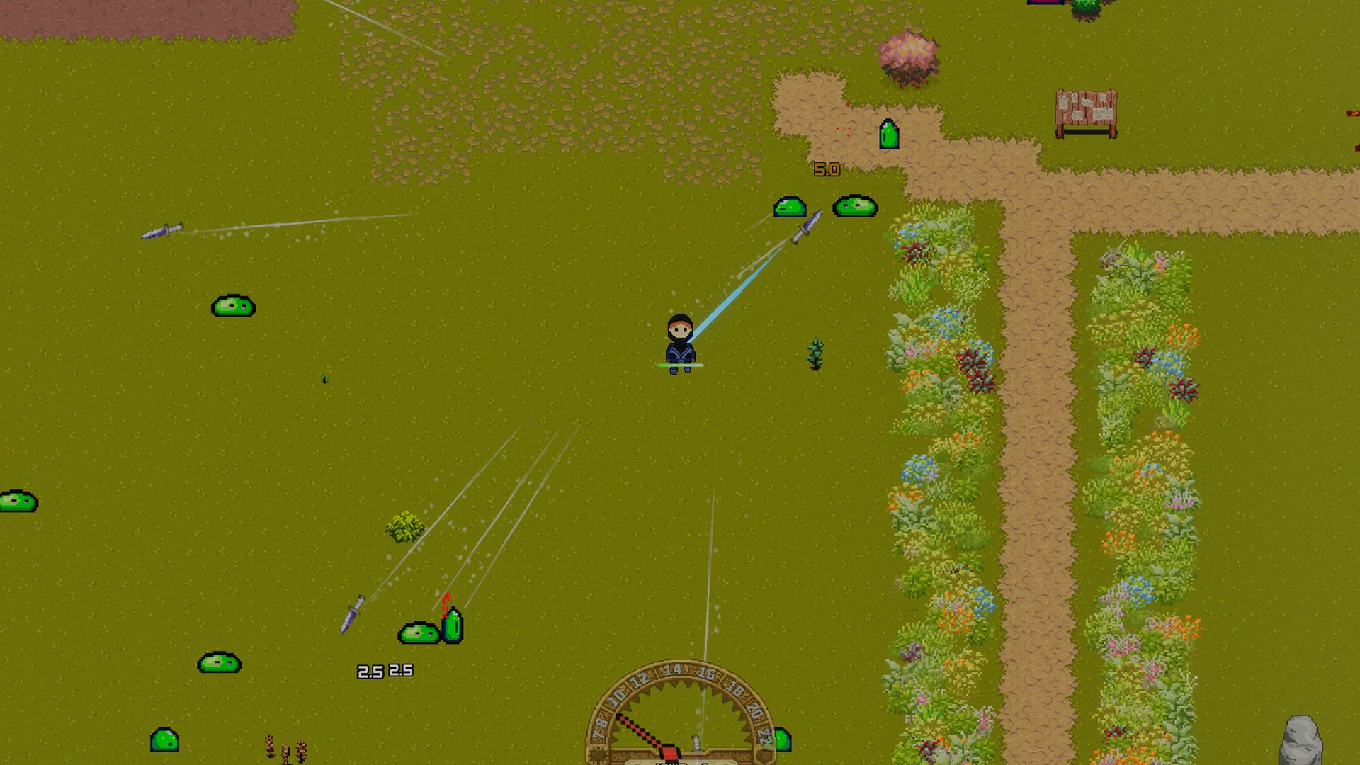 Flowered meadow and dirt paths: the hero fends off the first slimes